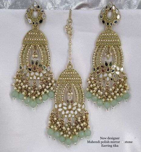 Mahndi Polish Mirror Stone Earring With Tikka