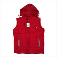 Winter Regular Half Jacket - Woolen, All Sizes, Red | Casual Sleeveless Design, Hooded, Handwashable, Modern Printed Style for Men