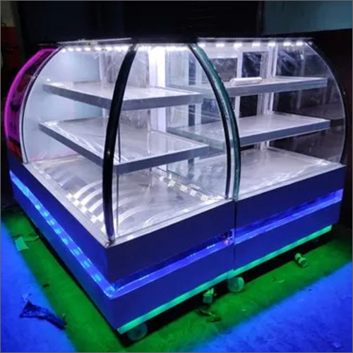 SS Curved Display Counter - Stainless Steel, 4 Shelves, Customized Design | Normal, Cold, Hot Variants, LED Lighting