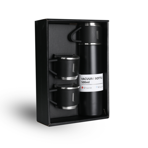 Black Vacuum Flask Gift Set Bottle With 3 Cups