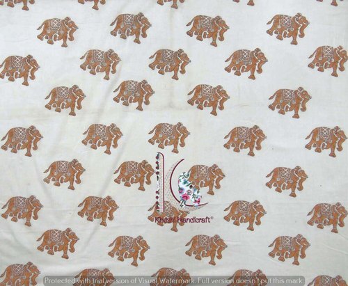 Brown Elephant Animal Hand Block Cotton Fabric