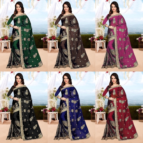 Exlclusive Designer Embrodery Women Vichitra Silk saree