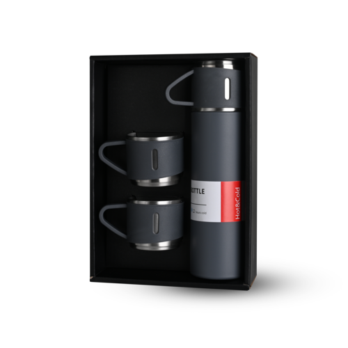 Grey Vacuum Flask Gift Set- Bottle with 3 Cups