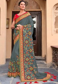 Designer Embrodery Women Vichitra silk  Havy Dhupian  saree