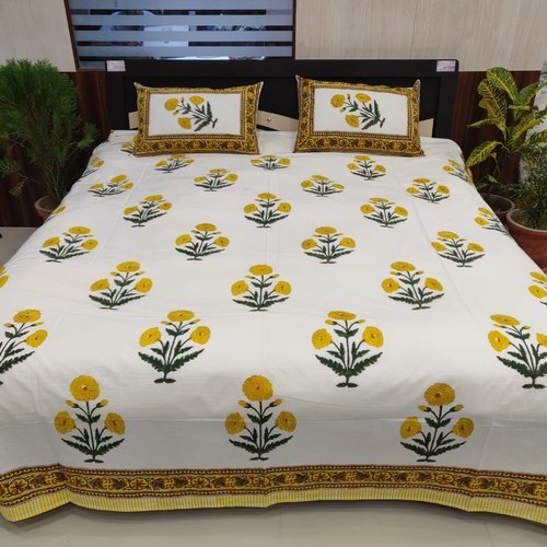 Floral Hand Block Print 90x108 Inches Double Bed Sheet With Pillow