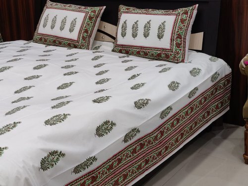 Washable Leaf Floral Jaipuri Sanganeri Bagru Hand Block Cotton Double Bed Bed Sheet With Pillow