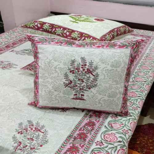 Mugal Buta Bagru Sanganeri Block Print Cotton Thick Fabric Bed sheet With Pillow Stander Size