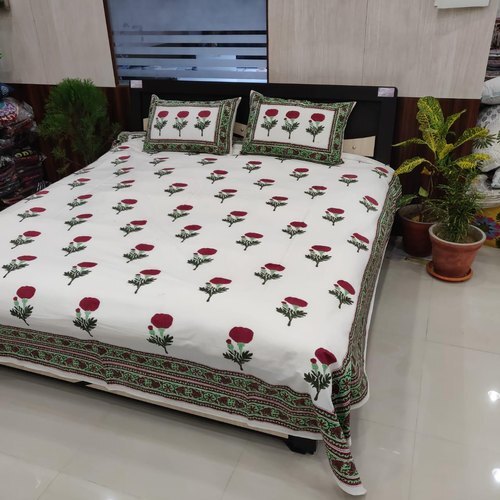 Red Ross Floral Cotton Double Bed Sheet Block Printed With Pillow