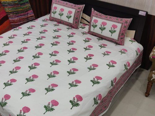 Washable Ross Floral Hand Block Print Double Bed Sheet With Pillow