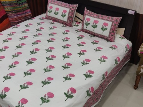 Ross Floral Hand Block Print Double Bed Sheet With Pillow