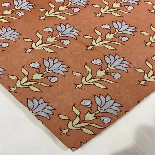 Washable Hand Block Floral Printed Cotton Natural Color Fabric