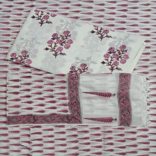 Floral Leaf Hand Block Printed Cotton Fabric Unstitch Suit Set