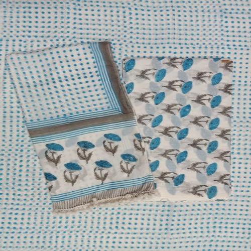 Sky Blue Polka Dot Hand Block Print Cotton Fabric Suit Set