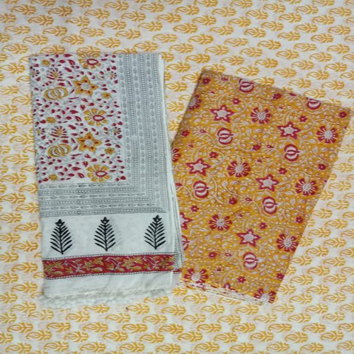Yellow Floral Hand Block Print Suit Set Cotton Cambric Fabric