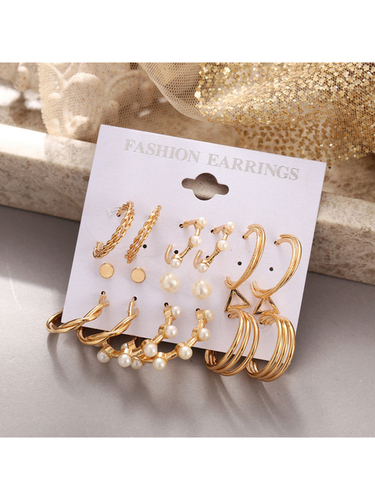 Combo 9 Pairs Gold Plated Crystal Pearl Studs and Big Hoop Earrings Set