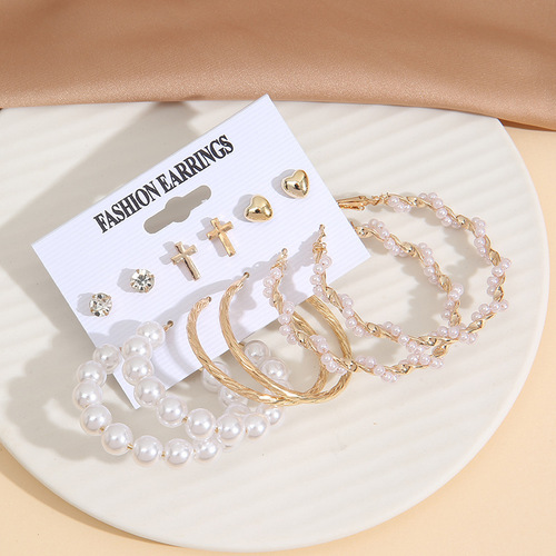 Gold Plated Pearl 6 Pair Earrings Hoop and Stone Heart Stud Earrings