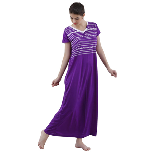 V Shape Hosiery Cotton Nighty - Cotton Customized Size Purple & White Colors | Breathable Skin-Friendly Soft Loose-Fitting Design