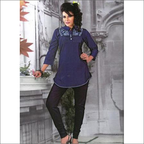 Ladies Denim Kurti - Cotton Denim, All Sizes, Blue, Calf Long, 3/4th Sleeve, Banded Collar | Breathable, Anti Wrinkle, Embroidered Pattern, Cool Pass, No Fade, Washable