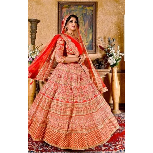 Bridal Lehenga Choli - Red Silk with Embroidered Design | Short Long Sleeve, Beaded and Stone Decoration, Breathable and Anti-Wrinkle