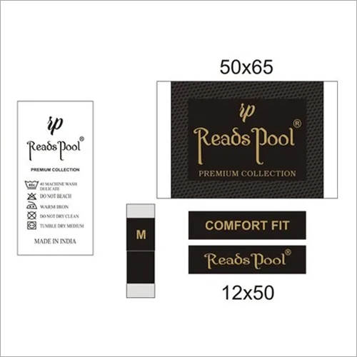 Black Shirt Label - Damask Material, 50 x 65 mm & 12 x 50 mm Sizes, Black Color | Water Activated Adhesive, Multicolor Printed Design, Rectangle Shape