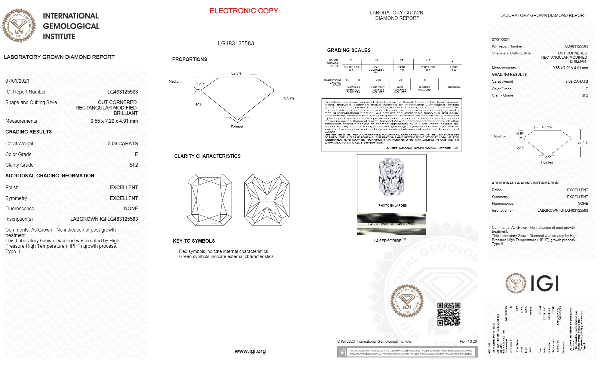 Radiant 3.09ct E SI2 IGI Certified HPHT Lab Grown Diamond EC2115