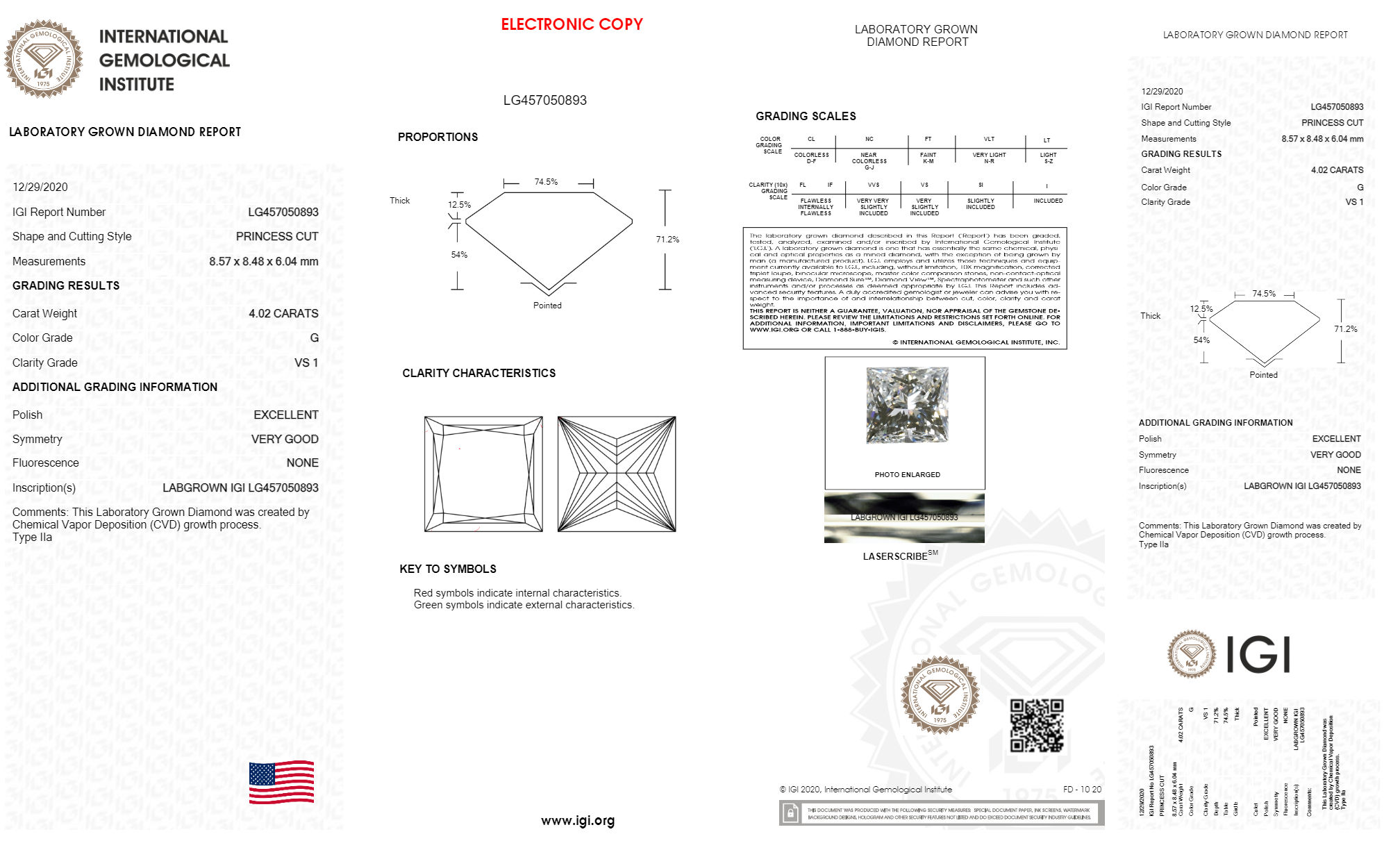 Princess4.02ct G VS1 IGI Certified CVD Lab Grown Diamond EC462