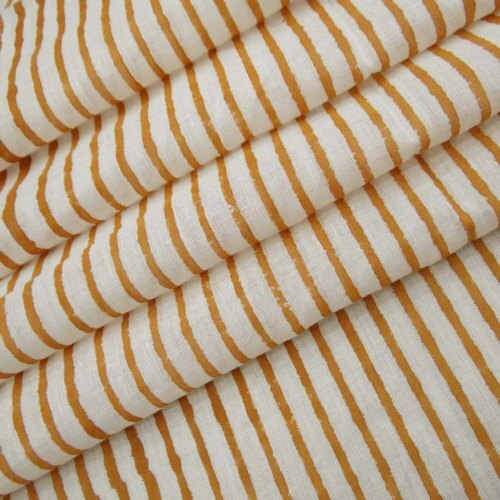 Hand Block Stripe Print Cotton Fabric Natural Color