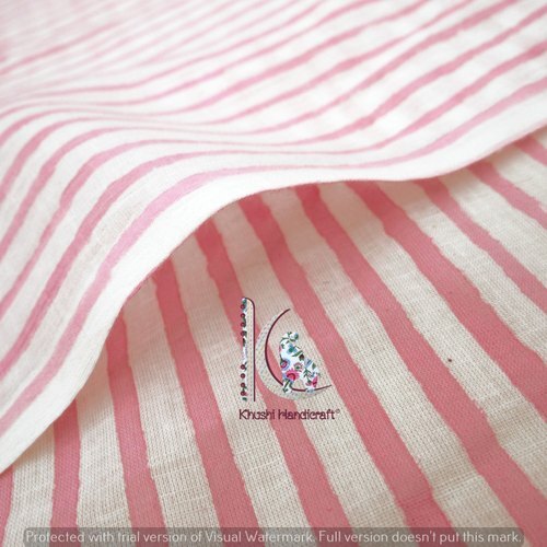 Pink Stripe Hand Block Print Natural Color Cotton Fabric
