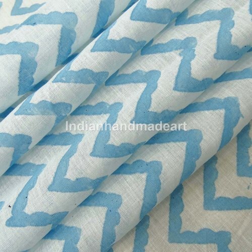 Sky Blue Zig Zag Hand Block Print Natural Color Cotton Fabric