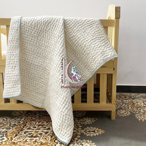 Pure White Handmade Kantha Unisex Baby Kantha Work Blanket