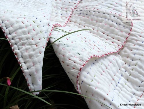 100% Cotton Pure White With Red Thread Cot Size Kantha Baby Blanket