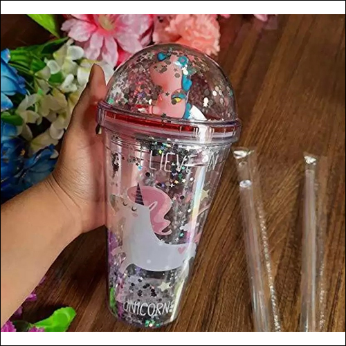 Attractive Unicorn Printed Glitter Tumbler with Lid And Straw Glass Water