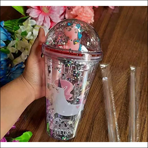 Transparent Attractive Unicorn Printed Glitter Tumbler With Lid And Straw Glass Water