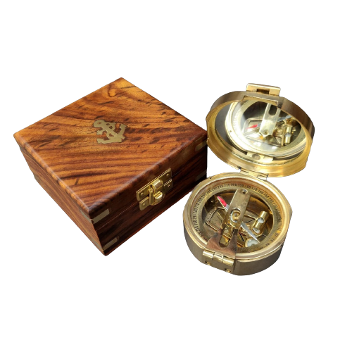 Nautical Brass Brunton Compass with wooden box