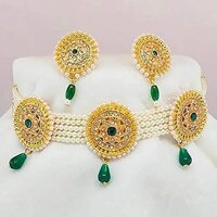 American Diamond And Pearl Choker Set - Gold & Other Materials, Green Beads Necklace & Earrings With Adjustable Thread, Tassel Design For Weddings & Parties