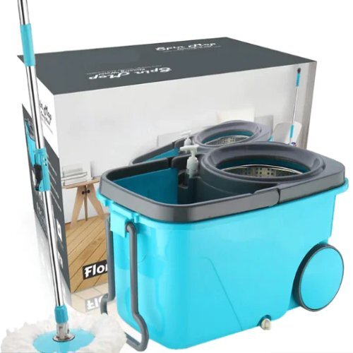 Blue Microfiber Spin Mop With Plastic Bucket