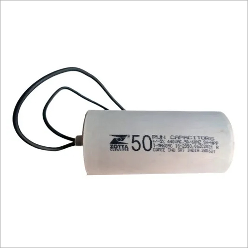 50 MFD Zotta Motor Run Capacitor - Plastic, 440V Rated Voltage, Cylindrical Shape, White Color | Application: Through Hole Motor Starter