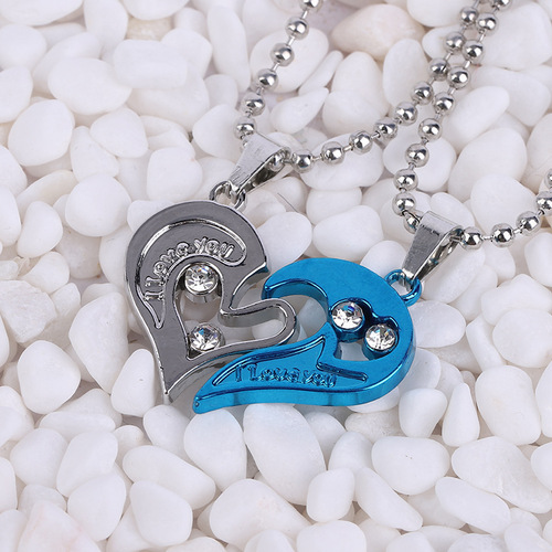 Vembley Loveable Blue Silver Stainless Steel I Love You Broken Heart Pendant Necklace