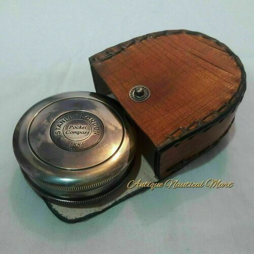 Maritime Vintage Nautical Brass Pocket Poem Sundial Brass Compass Marine Handmade With Leather Box  Gift TNA0001