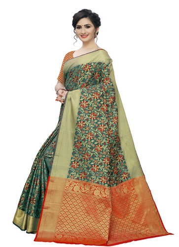 Leeza Store Women's Green Cotton Silk Blend Jacquard Golden Zari Floral Ethnic Motifs Paisley Patola Style Saree With Unstitched Blouse Piece