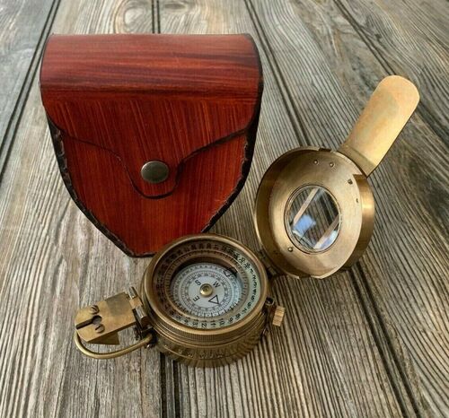 Maritime Vintage Nautical Brass Pocket Poem Sundial Brass Compass Marine Handmade With Leather Box  Gift TNA0002