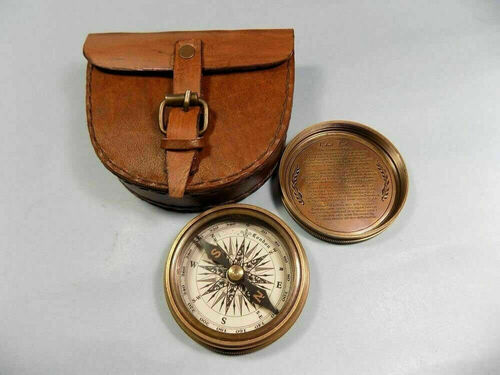 Maritime Vintage Nautical Brass Pocket Poem Sundial Brass Compass Marine Handmade With Leather Box  Gift TNA0003