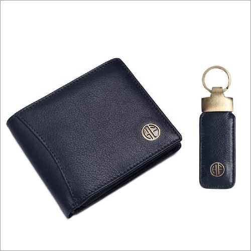 GS592-BLK-KR Corporate Leather Gift Set - Leather Wallet & Keychain , Solid Blue Color Finish for Elegant Corporate Gifting
