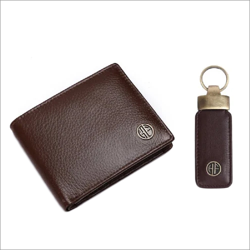 GS594-MH-KR Corporate Gift Set In Genuine Leather - Brown Leather | Solid Pattern, Includes Wallet & Keychain