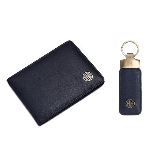 Leather Gift Set - Premium Leather, Solid Blue Design | Includes Wallet & Keychain Accessory