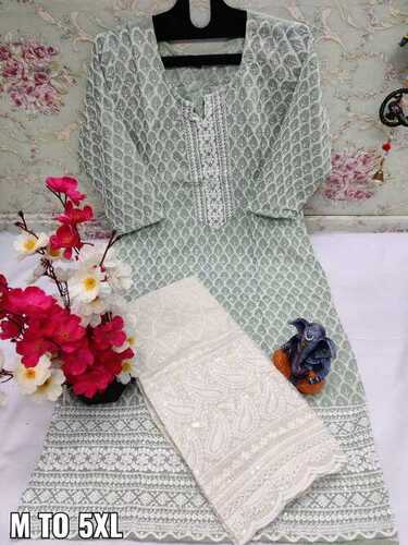Straight Style Net Fabric Beige color Kurti with Thread work and Shantoon  fabric Bottom with Net fabric Dupatta