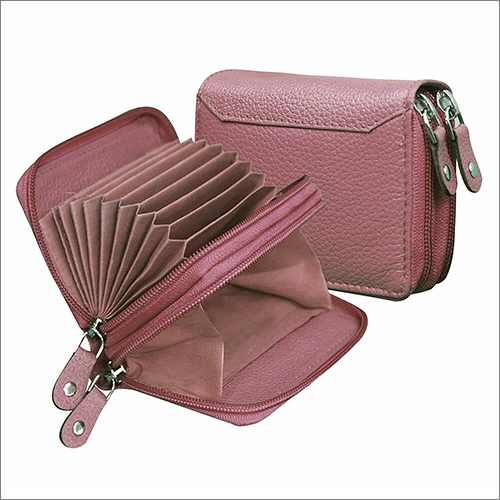 Double Zipper Card Wallet - Genuine Leather Material, Pink Color, Attractive Design, Secure Coin Compartment