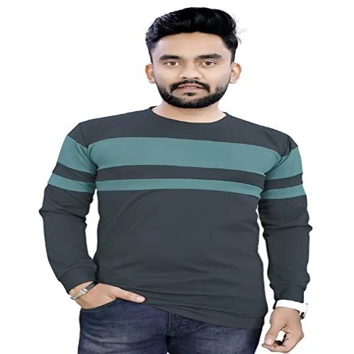 Round Neck Full Sleeve Casual T-Shirt - Cotton, Regular Fit, Dark Grey | Breathable Pique Fabric, Ribbed Collar, High-Low Hem, Classic Style