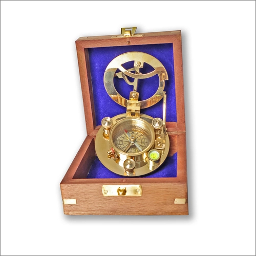 Brass Shiny Sundial Compass Round Shape With Wooden Box Vintage Time Gifts Home Decor