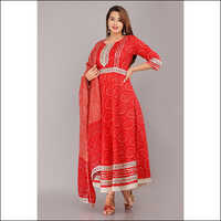 Bandhej Gown Suit with Dupatta Red